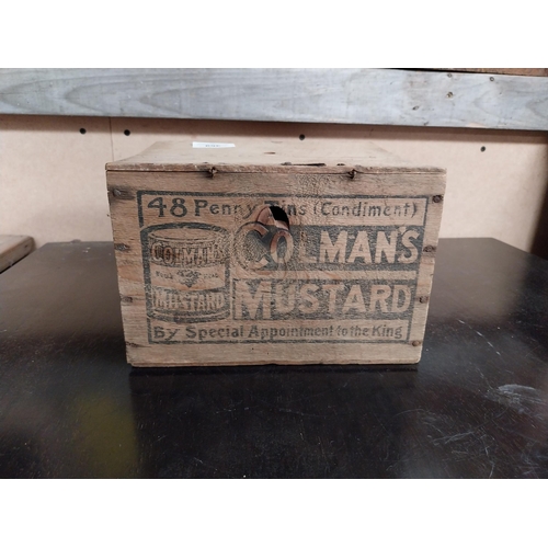 369 - Colman's Mustard wooden advertising box. {15 cm H x 22 cm W x 18 cm D}.