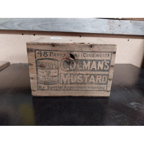 369 - Colman's Mustard wooden advertising box. {15 cm H x 22 cm W x 18 cm D}.