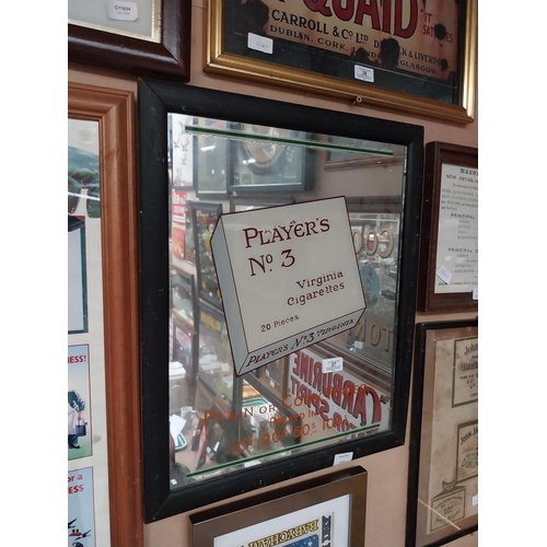 37 - Player's No 3 Virginia cigarettes framed advertising mirror. {57 cm H x 47 cm W}.