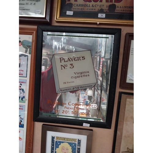 37 - Player's No 3 Virginia cigarettes framed advertising mirror. {57 cm H x 47 cm W}.