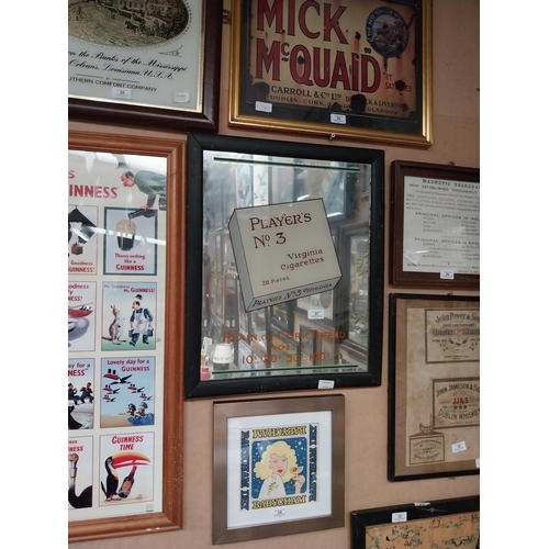 37 - Player's No 3 Virginia cigarettes framed advertising mirror. {57 cm H x 47 cm W}.