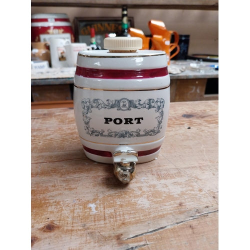 374 - Three ceramic barrel dispensers Sherry and two Port. {12 cm H x 10 cm W x 9 cm D}. approx