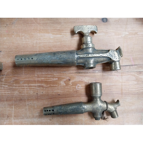 376 - Collection of eight early 20th C. brass barrel taps. {22 cm H x 14 cm W to 14 cm H x 7 cm W}.