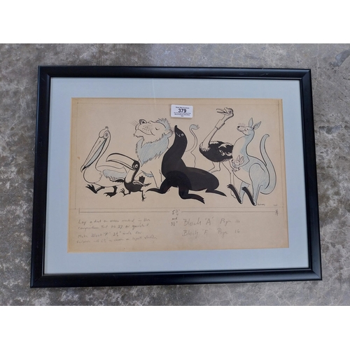 379 - Rare original framed Guinness Zoo animals running pencil sketch by John Gilroy. {37 cm H x 48 cm W}.... 