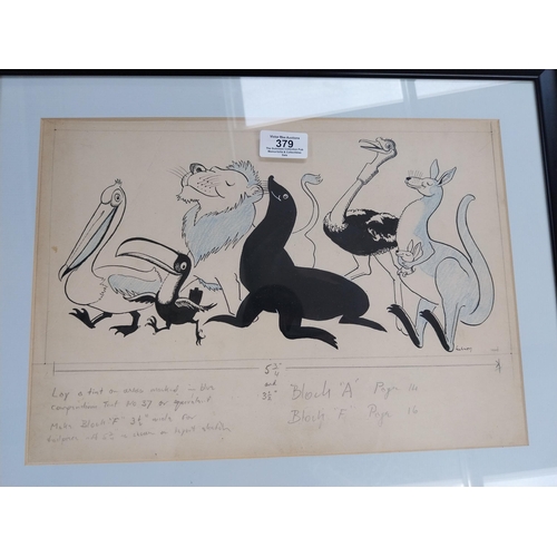 379 - Rare original framed Guinness Zoo animals running pencil sketch by John Gilroy. {37 cm H x 48 cm W}.... 