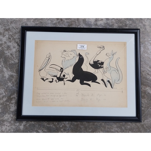 379 - Rare original framed Guinness Zoo animals running pencil sketch by John Gilroy. {37 cm H x 48 cm W}.... 