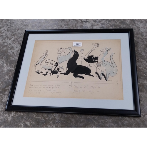 379 - Rare original framed Guinness Zoo animals running pencil sketch by John Gilroy. {37 cm H x 48 cm W}.... 