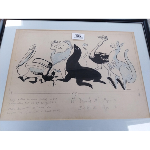 379 - Rare original framed Guinness Zoo animals running pencil sketch by John Gilroy. {37 cm H x 48 cm W}.... 