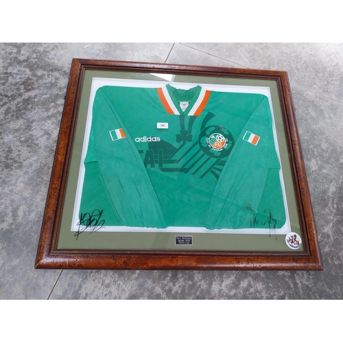 386 - Framed Paul McGrath 1994 World Cup Irish Jersey signed on glass {75 cm H x 83 cm W}.