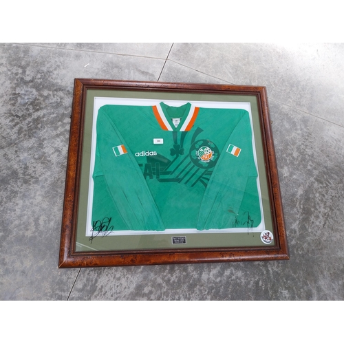 386 - Framed Paul McGrath 1994 World Cup Irish Jersey signed on glass {75 cm H x 83 cm W}.