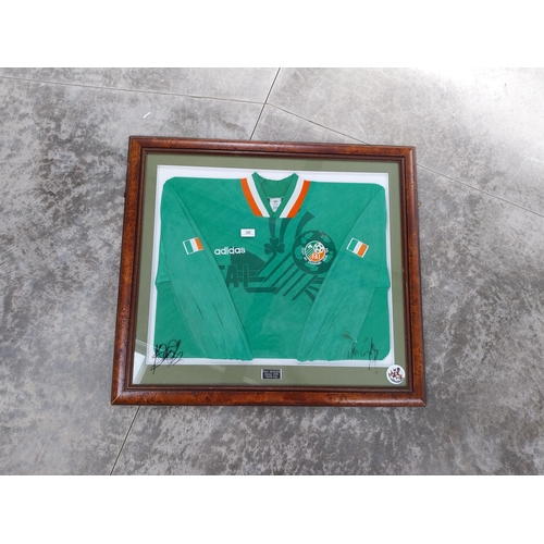 386 - Framed Paul McGrath 1994 World Cup Irish Jersey signed on glass {75 cm H x 83 cm W}.