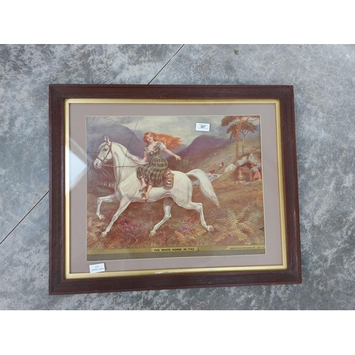 387 - Framed The White Horse in 1794 Mackie and Co Distilleries showcard. {55 cm H x 67 cm W}.