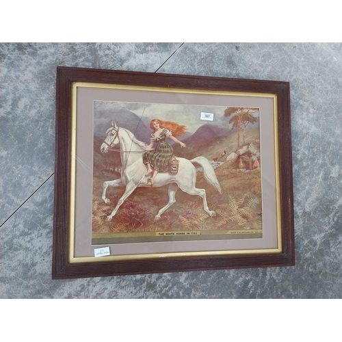 387 - Framed The White Horse in 1794 Mackie and Co Distilleries showcard. {55 cm H x 67 cm W}.