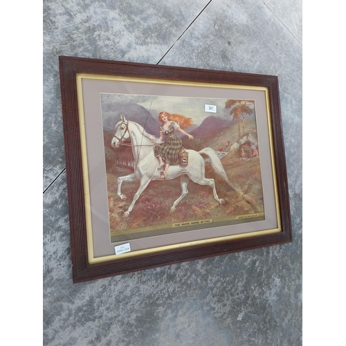 387 - Framed The White Horse in 1794 Mackie and Co Distilleries showcard. {55 cm H x 67 cm W}.