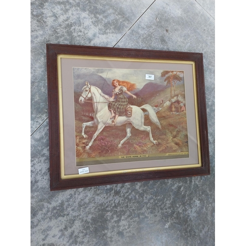 387 - Framed The White Horse in 1794 Mackie and Co Distilleries showcard. {55 cm H x 67 cm W}.