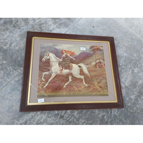 387 - Framed The White Horse in 1794 Mackie and Co Distilleries showcard. {55 cm H x 67 cm W}.