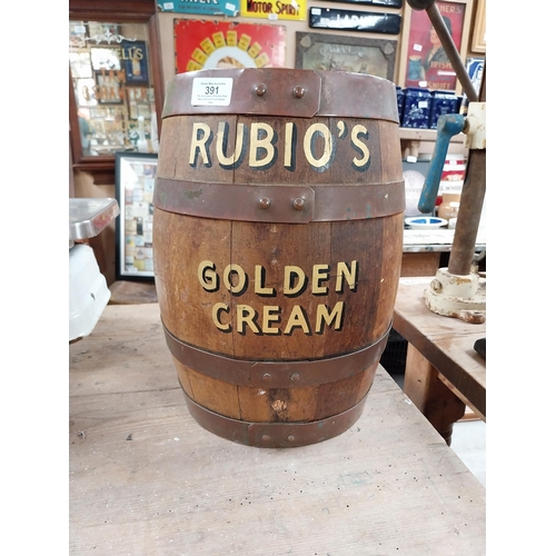 391 - Rubio's Golden Cream advertising barrel with metal mounts. {35 cm H x 35 cm Dia.}.