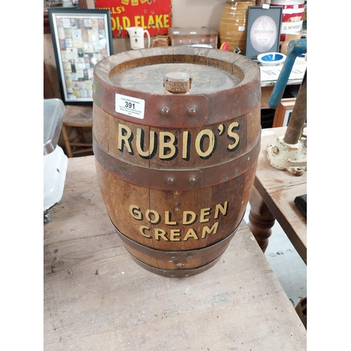 391 - Rubio's Golden Cream advertising barrel with metal mounts. {35 cm H x 35 cm Dia.}.