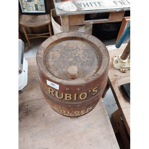 391 - Rubio's Golden Cream advertising barrel with metal mounts. {35 cm H x 35 cm Dia.}.