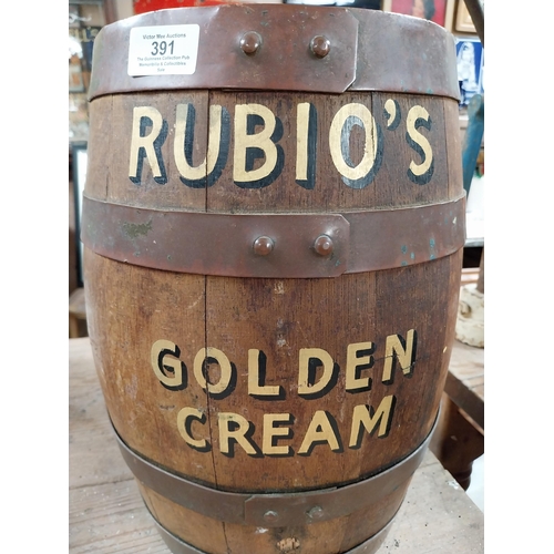 391 - Rubio's Golden Cream advertising barrel with metal mounts. {35 cm H x 35 cm Dia.}.