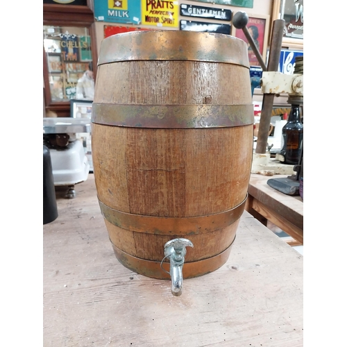 391 - Rubio's Golden Cream advertising barrel with metal mounts. {35 cm H x 35 cm Dia.}.