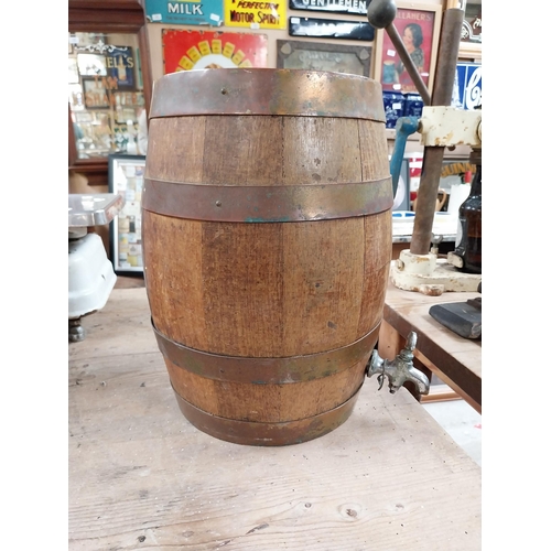 391 - Rubio's Golden Cream advertising barrel with metal mounts. {35 cm H x 35 cm Dia.}.