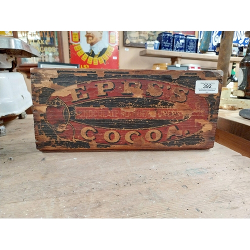 392 - EPPS's Cocoa wooden advertising box. {14 cm H x 31 cm W x 13 cm D}.