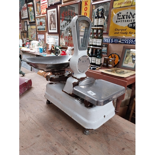 393 - 1940's enamel and chrome shop scales. {64 cm H x 56 cm W x 43 cm D}