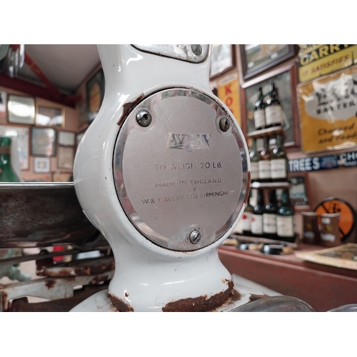 393 - 1940's enamel and chrome shop scales. {64 cm H x 56 cm W x 43 cm D}