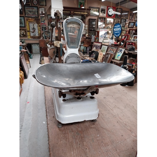 393 - 1940's enamel and chrome shop scales. {64 cm H x 56 cm W x 43 cm D}