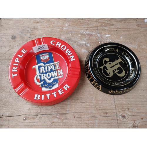 403 - Triple Crown Bitter plastic ashtray {3 cm H x 17 cm Dia.} and John Player's tinplate ashtray {2 cm H... 