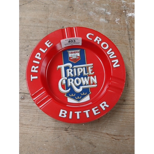 403 - Triple Crown Bitter plastic ashtray {3 cm H x 17 cm Dia.} and John Player's tinplate ashtray {2 cm H... 