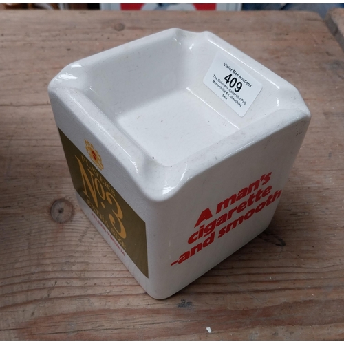 409 - Player's No 3 Cigarettes Arklow ceramic advertising ashtray. {10 cm H x 11 cm W}.