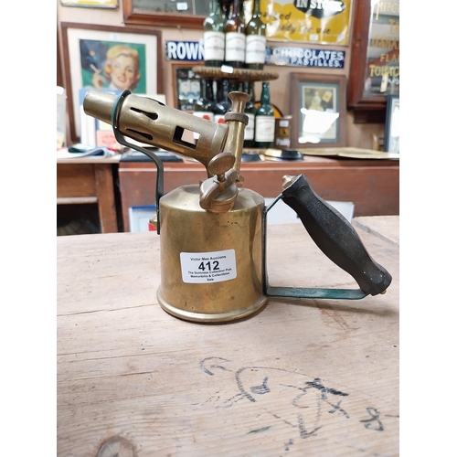 412 - Art Deco style brass blow torch. {15 cm H x 21 cm W x 8 cm D}.