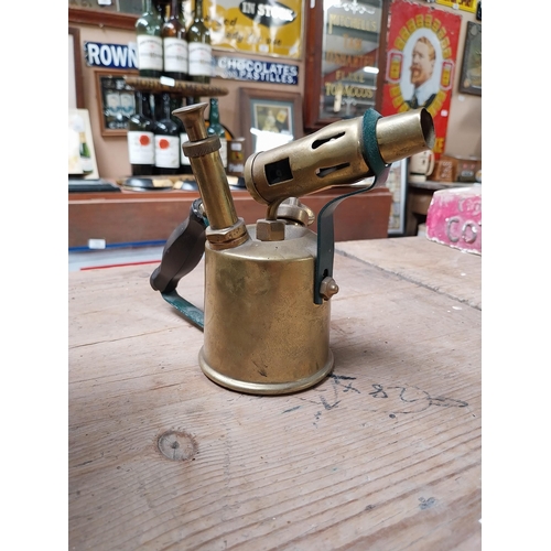 412 - Art Deco style brass blow torch. {15 cm H x 21 cm W x 8 cm D}.