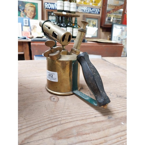 412 - Art Deco style brass blow torch. {15 cm H x 21 cm W x 8 cm D}.