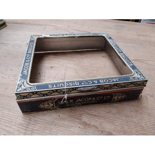 416 - 1950's Aluminium Jacob's Biscuits box. {6 cm h x 23 cm W x 23 cm D}.