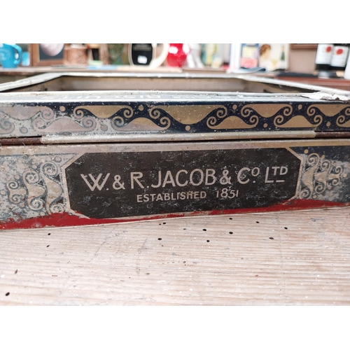 416 - 1950's Aluminium Jacob's Biscuits box. {6 cm h x 23 cm W x 23 cm D}.