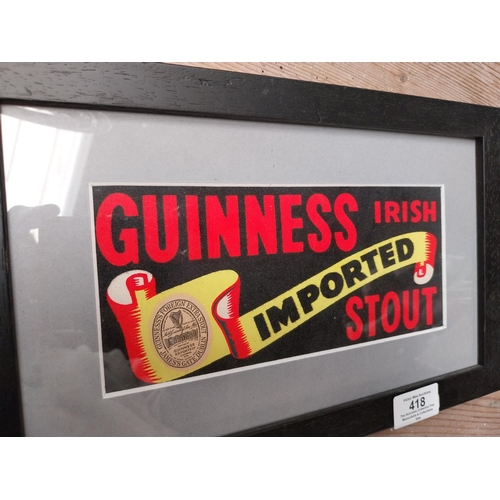 418 - Guinness framed showcard. {20 cm H x 32 cm W}.