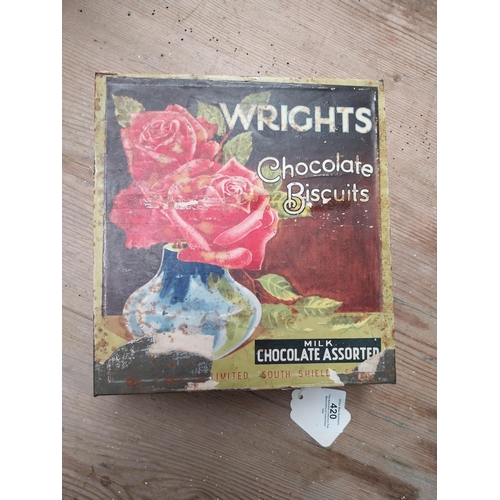 420 - Wright's Chocolate Biscuit advertising tin. {6 cm H x 22 cm W x 23 cm D}.