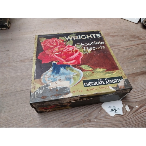 420 - Wright's Chocolate Biscuit advertising tin. {6 cm H x 22 cm W x 23 cm D}.