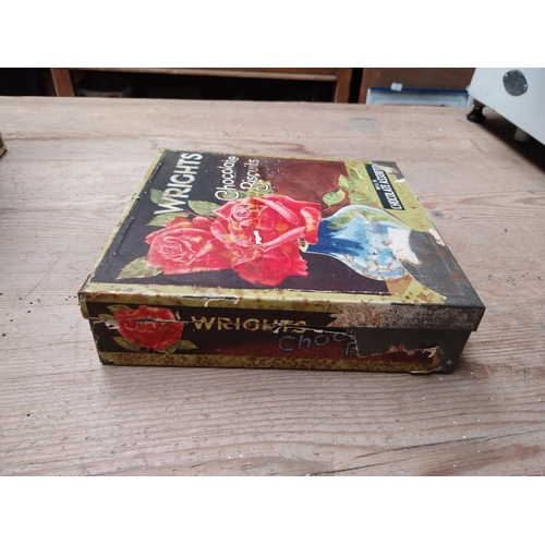 420 - Wright's Chocolate Biscuit advertising tin. {6 cm H x 22 cm W x 23 cm D}.