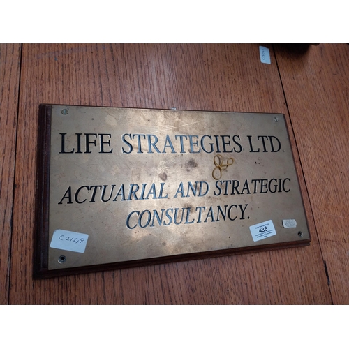 436 - Brass and wood door plaque Life Strategies Ltd. {22 cm H x 39 cm W}.