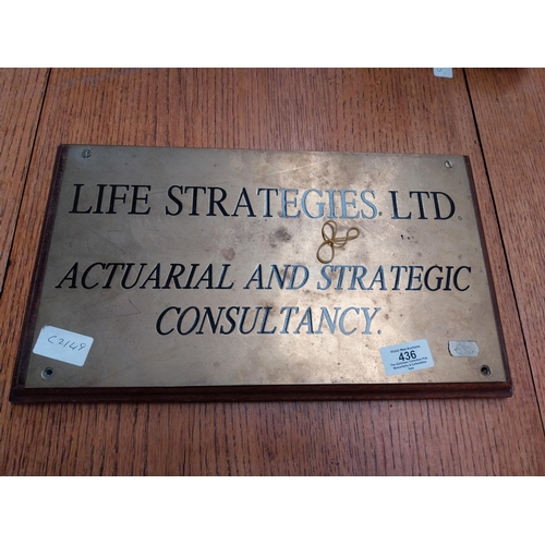 436 - Brass and wood door plaque Life Strategies Ltd. {22 cm H x 39 cm W}.