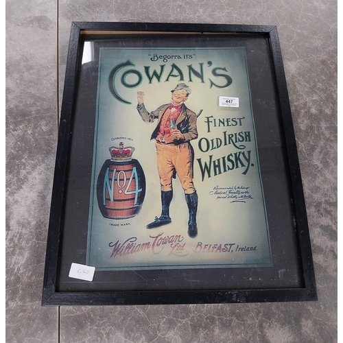 447 - Cowans Finest Old Irish Whiskey framed advertising print. {53 cm H x 43 cm W}.