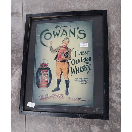 447 - Cowans Finest Old Irish Whiskey framed advertising print. {53 cm H x 43 cm W}.