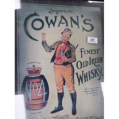 447 - Cowans Finest Old Irish Whiskey framed advertising print. {53 cm H x 43 cm W}.