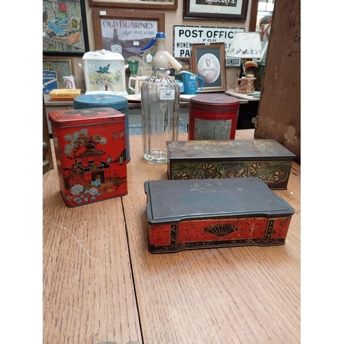 449 - Two Cow and Gate advertising tins, two Biscuit tins, Tea tin and Soda Siphon. {29 cm H and 6 cm H}.