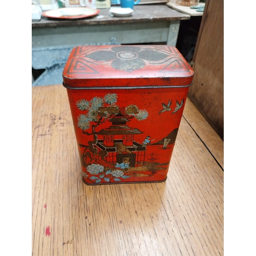 449 - Two Cow and Gate advertising tins, two Biscuit tins, Tea tin and Soda Siphon. {29 cm H and 6 cm H}.