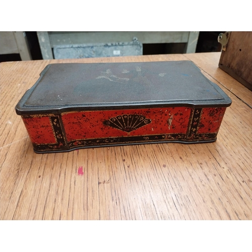 449 - Two Cow and Gate advertising tins, two Biscuit tins, Tea tin and Soda Siphon. {29 cm H and 6 cm H}.